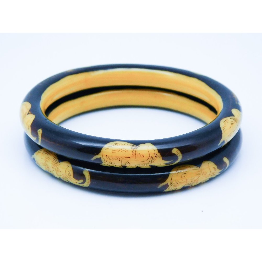 Vintage Elephant Bangles, Faux Bone with Asian Walking Elephants Motif